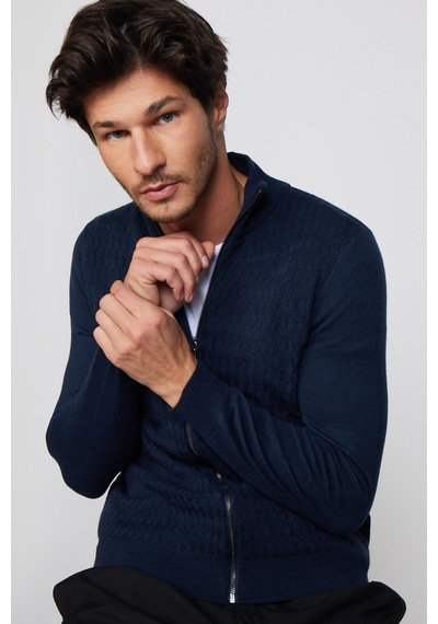 Tudors Slim Fit Desenli Dik Yaka Fermuarlı Lacivert Erkek Hırka-29571 Lacivert