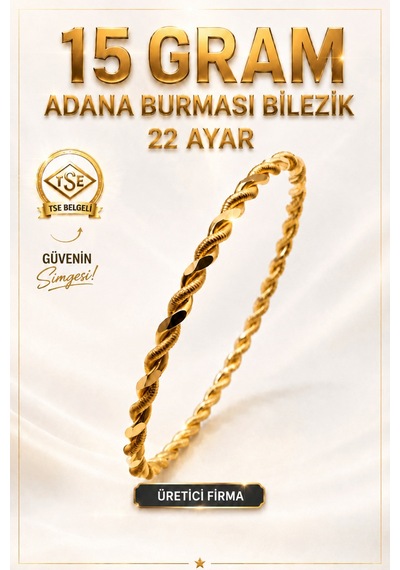 22 Ayar Tse Belgeli 15 Gram Adana Burması Bilezik Altın Gold İşçiliksiz Düğün