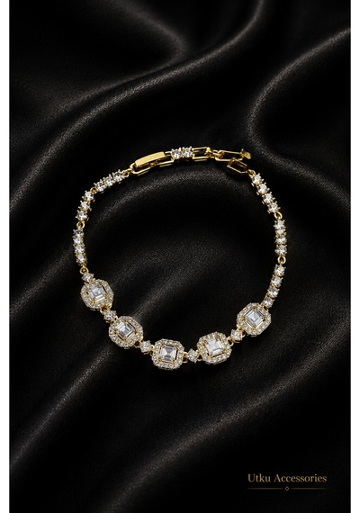 Cmjewelry Gold Baget Taşlı Çelik Bileklik Altın