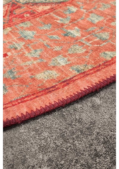 Frenda Home Vintage Desen Pamuk Taban Baskılı Yıkanabilir Oval Halı Kırmızı