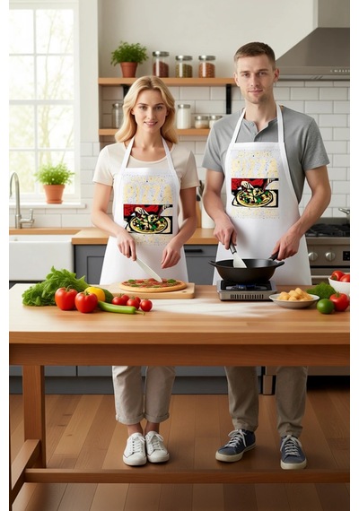 Unisex Mutfak Önlüğü Pizza Baskılı Retro Tasarım Dijital Baskı Ra Beyaz