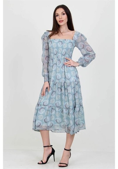 Neşeli Butik Kadın Mint Gipeli Kare Yaka Desenli Şifon Elbise Nb100361 Mint