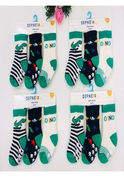 Defne Baby 3 Çift Havlu Pamuklu Kaydırmaz Taban Kışlık Dinazor Desenli Erkek Çocuk Ve Bebek Soket Çorap-591 Yeşil