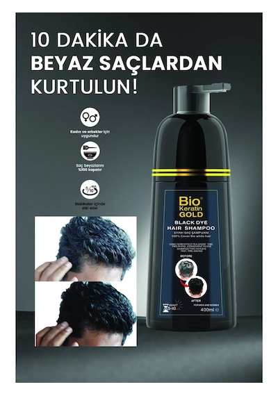 Bio Keratin Gold Black Hair Shampoo Siyahlaştırıcı 400 Ml Beyaz