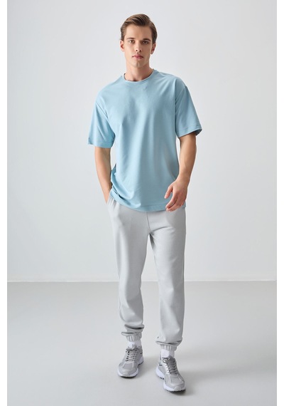 Air Jones Tommy Life Açık Mavi Pamuklu Kalın Yumuşak Dokulu Oversize Fit Basic Erkek T-shirt - 88377 Açik Mavi