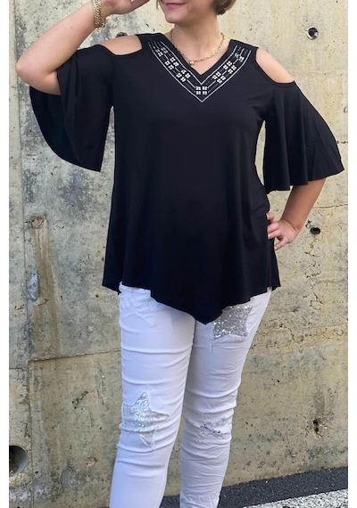 Mia Butik Büyük Beden Siyah Arkası & Önü V Yaka Bluz Siyah