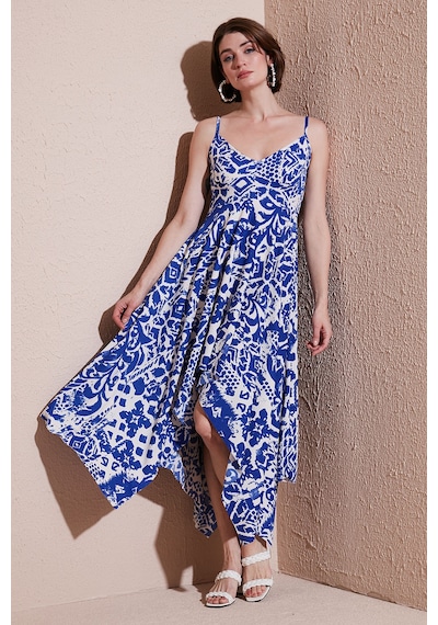 Lela Desenli Asimetrik Kesim Regular Fit Midi Boy Askılı Bayan Elbise 5866126 Saks