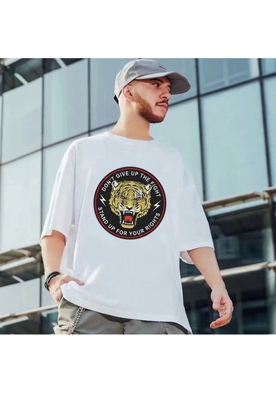 Flood Of Style Erkek Beyaz Dont Give Up Kaplan Baskılı Oversize Biziklet Yaka Tişört