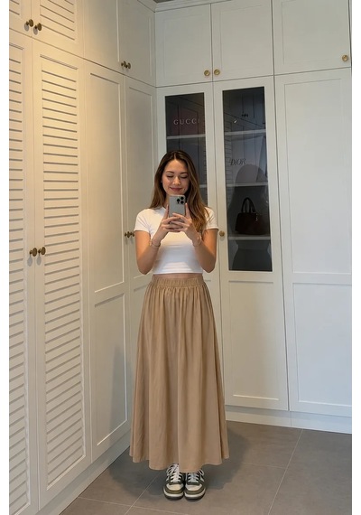 Kadın Bej Poplin Kumaş Uzun Etek Beli Lastikli Günlük Maxi Etek 90 Cm