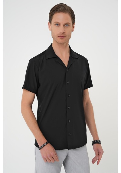 Efor Slim Fit Apaş Yaka Kısa Kol Esnek Casual Siyah Gömlek G 1589 Siyah