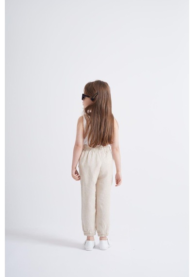 Oliven The Kid Oliventhekid Bej Keten Beli Ve Paçaları Lastikli Cepli Rahat Unisex Çocuk Pantolon Bej Bej