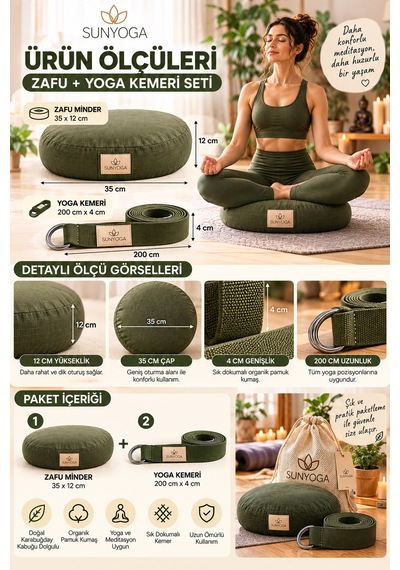 Zafu Meditasyon Minderi + 200 Cm Yoga Kemeri Seti Karabuğday Dolgulu 35x12 Cm Yeşil