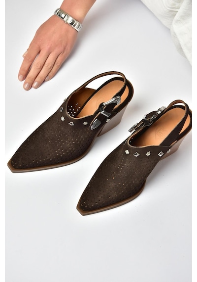 Fox Shoes Y654329102 Kahverengi Hakiki Deri Süet Zımba Detaylı Western Topuklu Ayakkabı