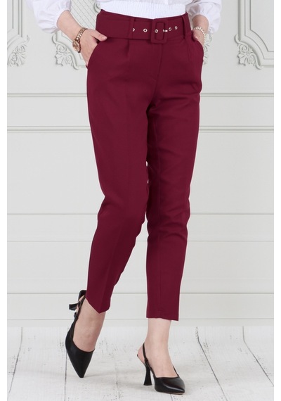 Sevitli Beli Kemerli Pileli Kalem Pantolon-bordo-3679-bordo Bordo