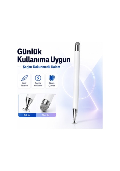 Lenovo Tab M10 İle Uyumlu Çift Uçlu Dokunmatik Kalem Disk Fiber Uç Beyaz