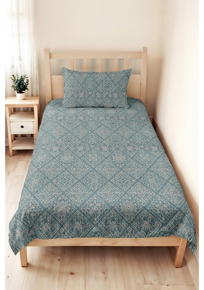 Mavi Etnik Geometrik Tek Kişilik Pike Takımı - Bohem Turkuaz Beyaz 160x220 Cm Mevsimlik Yatak Örtüsü Mat Yosun Serinliği