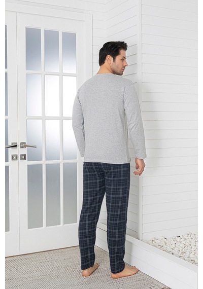 Sude Homewear Erkek Ekoseli Cepli Uzun Kollu Pijama Takımı Gri