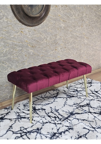 Zafir Gold Kaplama Sivriltme Ayaklı 90 Cm Puf Bench - Puf - Bench - Kasalı Oturak - Oturak - Yatak Ucu Puf Bordo