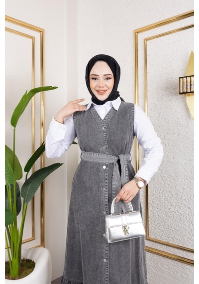 Harman Butik Kadın Düğmeli Kuşaklı Kot Jile Siyah Siyah