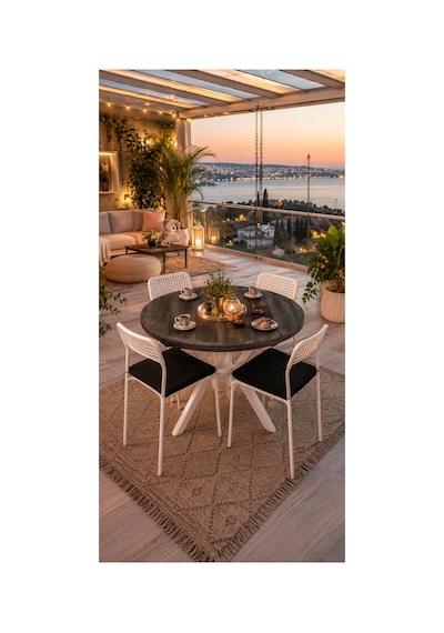 Siyah 4 Kişilik Minderli Balkon Takımı, Balkon Masası, Balkon Sandalyesi, Yuvarlak Masa, Yemek Masası, Mutfak Masa Sandalye Takımı, 4 Sandalye 1 Masa Siyah/beyaz-beyaz