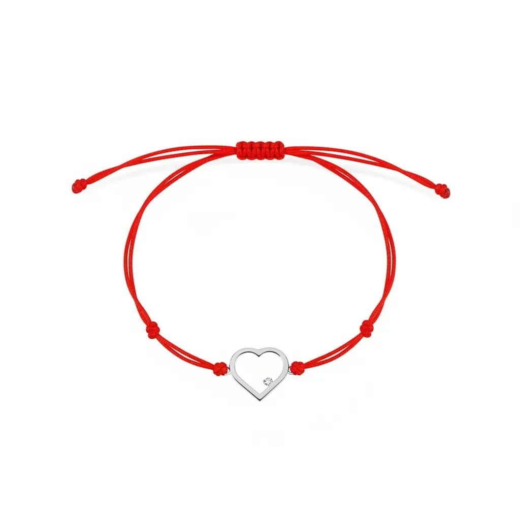 G&a Jewels - Kalp - 925 Ayar Gümüş 0.01ct Pırlanta Taşlı Kırmızı İpli Bileklik Gümüş - Kırmızı