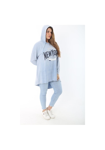 Şans Kadın Büyük Beden Mavi Payet Detaylı Arkası Uzun Kapşonlu Sweatshirt 65n37463 - Mavi