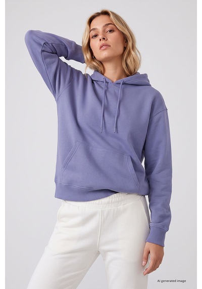 TOMMYLIFE Eflatun Standart Kapüşonlu Kanguru Cepli Basic Kadın Sweatshirt - 97321