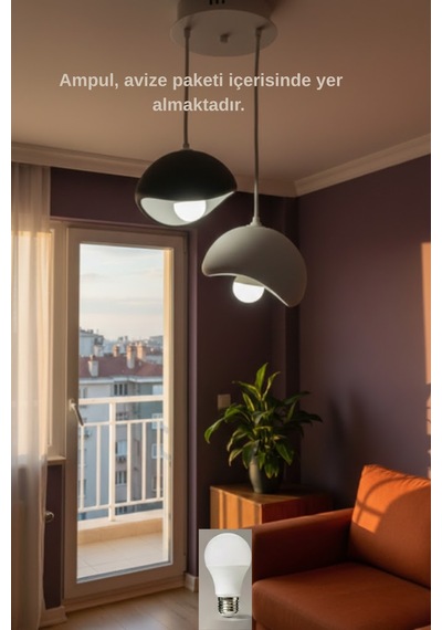 Siyah Ve Gri Dekoratif 2 Li Sarkıt Avize Bohem Beton Görünüm E27e27 Modern Avize Ampul Hediye
