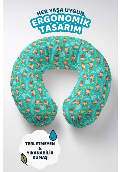 Maymun Figürlü Pamuklu Boyun Yastığı - Tropikal Desenli Turkuaz Sarı Seyahat Yastığı Canlı Göl Kil