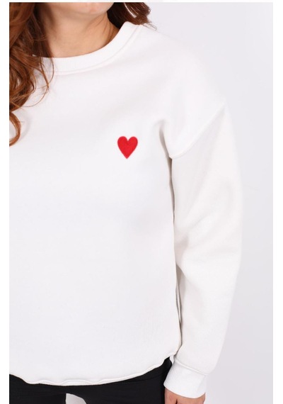 İs Berceste Kadın Bisiklet Yaka Kalp Nakışlı 3 İplik Şardonlu Sweatshirt Beyaz