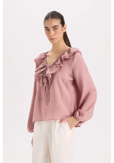 DeFacto Regular Fit Fırfırlı V Yaka Basic Düz Uzun Kollu Bluz E3393AX24WNPN429 Pembe
