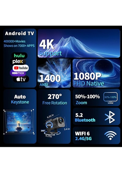 4k Full Hd 1080p Taşınabilir Projektör Hoparlör Hediyeli 270 Döner Tasarım, Wifi 6 & Bluetooth 5.2, Otomatik Düzeltme, Hdmı & Usb Girişli