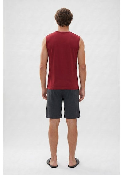 Tudors Erkek Standart Fit Normal Kesim Kısa Kollu Pamuklu Baskılı Bordo Gri Pijama Takımı-51145