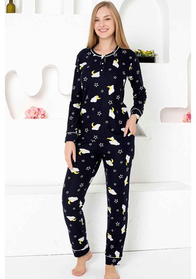 Alimer Kadın Lacivert Süper Soft Süet Likralı Kışlık Pijama Takım Lacivert