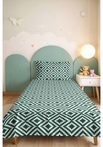 Yeşil Geometrik Genç Odası Tek Kişilik Pike Takımı - Modern Beyaz 160x220 Cm Kapitone Yatak Örtüsü Kavrulmuş Eşik Sarmalı