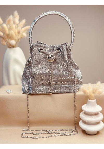 Elora Atelier Taş Detaylı Büzgülü Metalik Gümüş Çanta Çok Renkli
