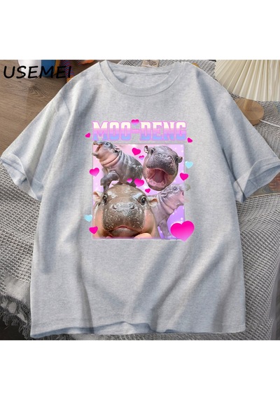Flood Of Style Komik Moo-deng Bebek Pygmy Hippo Sevimli Hayvanat Bahçesi T Shirt Adam Kadın Nedensel Pamuk K Gri