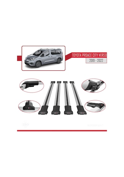 Toyota Proace City Verso 2019-2022 Arası İle Uyumlu Fly Model Ara Atkı Tavan Barı Gri 4 Adet Bar