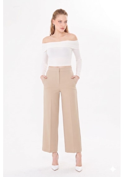 Sortie Collection Yüksek Bel Bol Paça Pantolon Bej