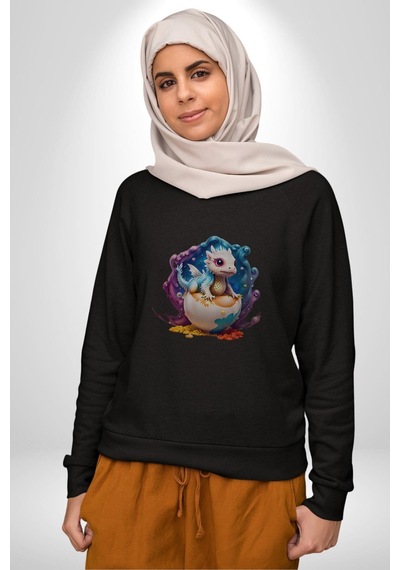 Sevimli Bebek Ejderha Elmas Yumurta Unisex Siyah Baskılı Sweatshirt Siyah