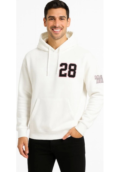 Suma Üç İplik Kapüşonlu Ön Ve Arka Baskılı Sweatshirt Hoodie - Beyaz