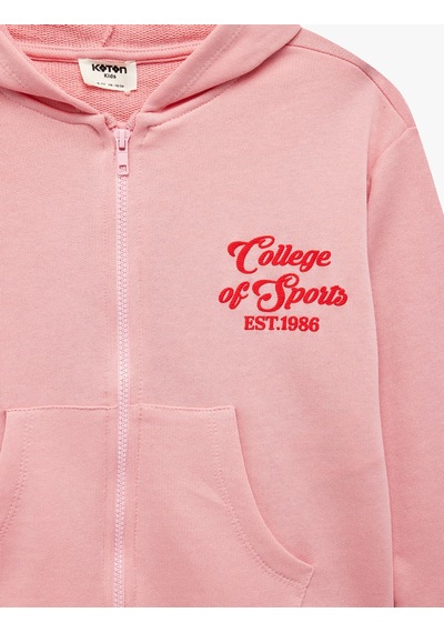 Koton Cep Detaylı Uzun Kollu Baskılı Oversize Kapşonlu Fermuarlı Sweatshirt Pembe 7wkg10018ak Gül