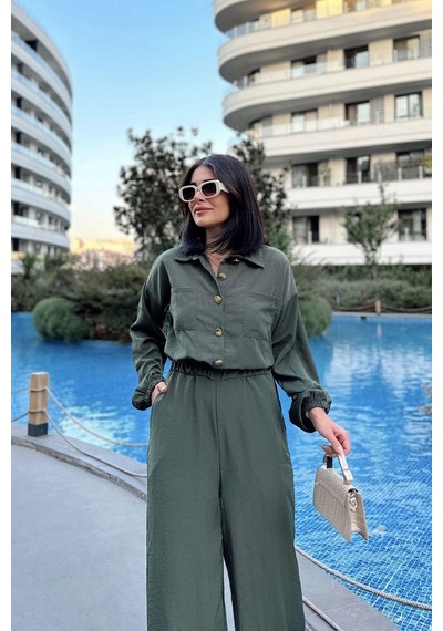 Kadın Haki Uzun Kol, Gömlek Yaka, Beli Lastikli, 4 Cepli, Bilekleri Lastikli, Salaş Tulum Haki