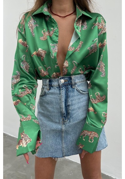 Madmext Mad Girls Leoparlı Yeşil Saten Gömlek Mg187-yeşil Yeşil