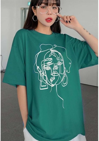 Kozia Outdoors Malkoçbey Kadın Yüz Figür Detaylı Basic Oversize Unisex T-shirt Yeşil