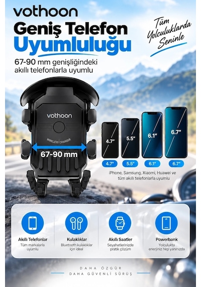Şarjlı Motosiklet Telefon Tutucu Güneş Ve Yağmur Korumalı 15w Kablosuz 360 Döner Gidon Ve Ayna Bağl