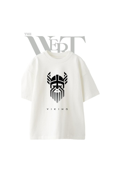 Thewert Viking Kafasi Tasarım Baskılı Ünisex Beyaz Oversize T-shirt