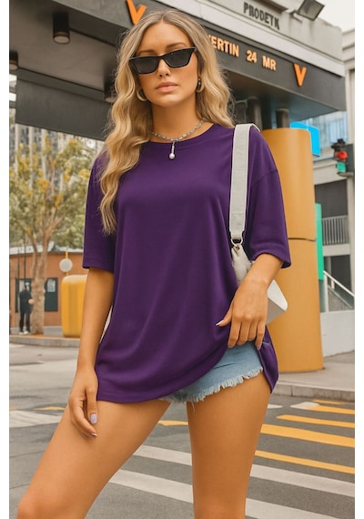 Düz Oversize Unisex Tişört Ycb3 Mor
