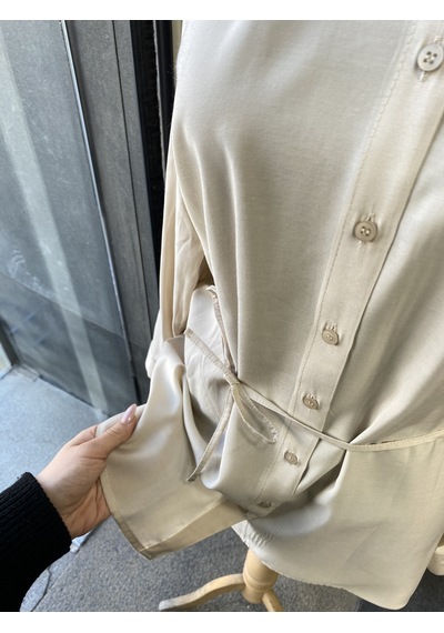 Pera Moda Çok Yönlü Bağlanabilir Oversize Gömlek Taş