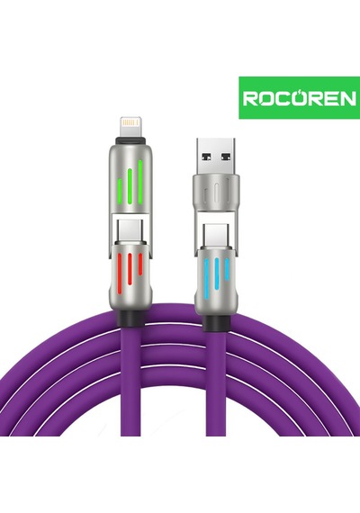Rocoren 240w 4'ü 1 Arada Type-c / Usb-a / Lightning Mor Silikon Şarj Ve Data Kablosu 1.2 Metre